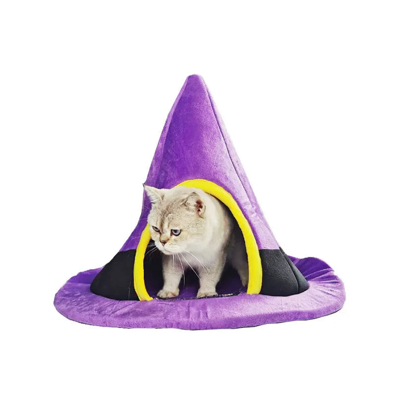 Purple cloth Halloween witch hat shaped cat bed for small cats.