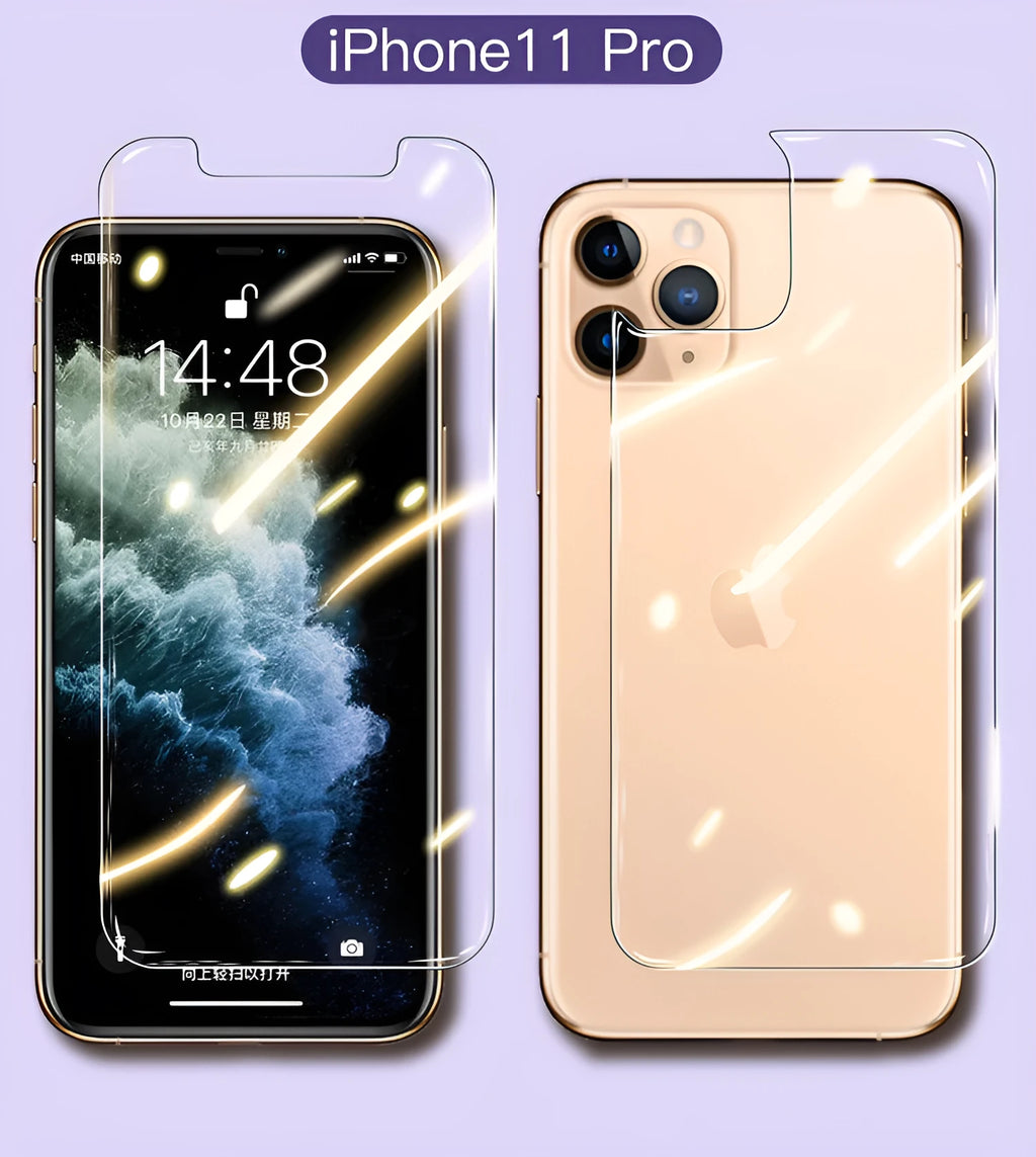 Tempered glass screen and rear protector for Apple iPhone models on a table.