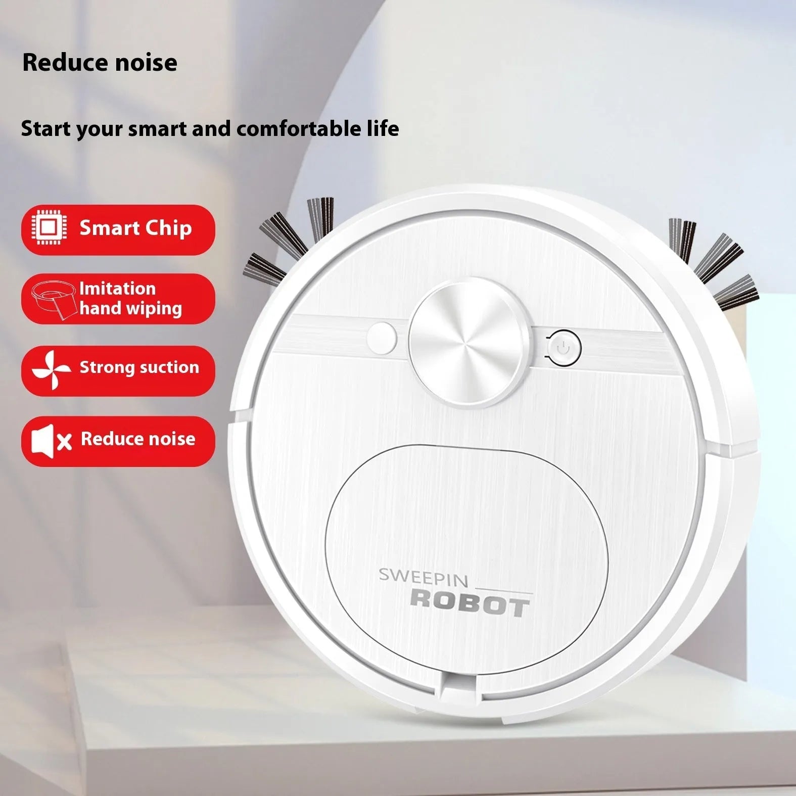 Black and white robotic vacuum cleaner with USB charging port and water tank for mopping