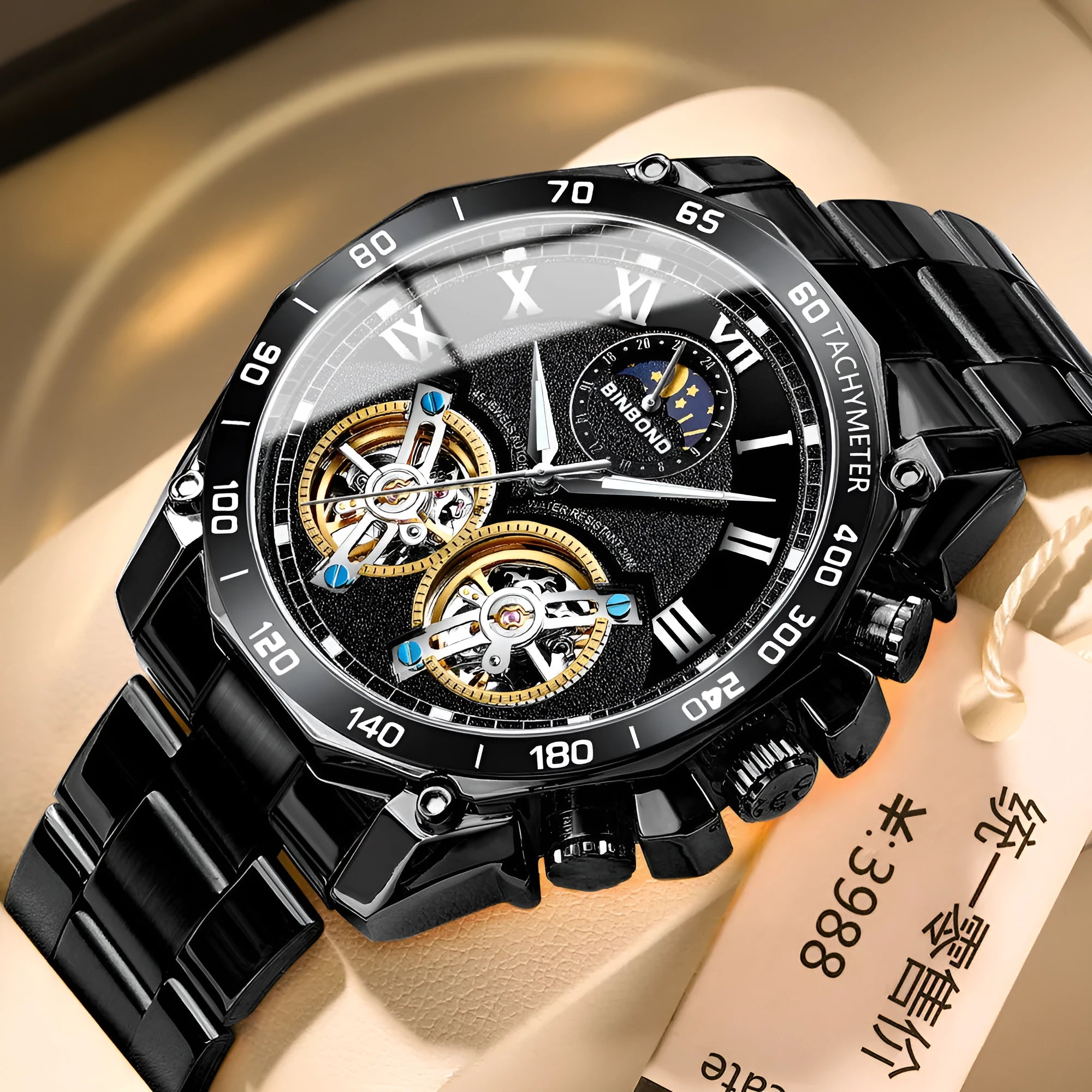 Men's double mechanical hollow watch with multi-function sub-dials, available in gold and black finishes