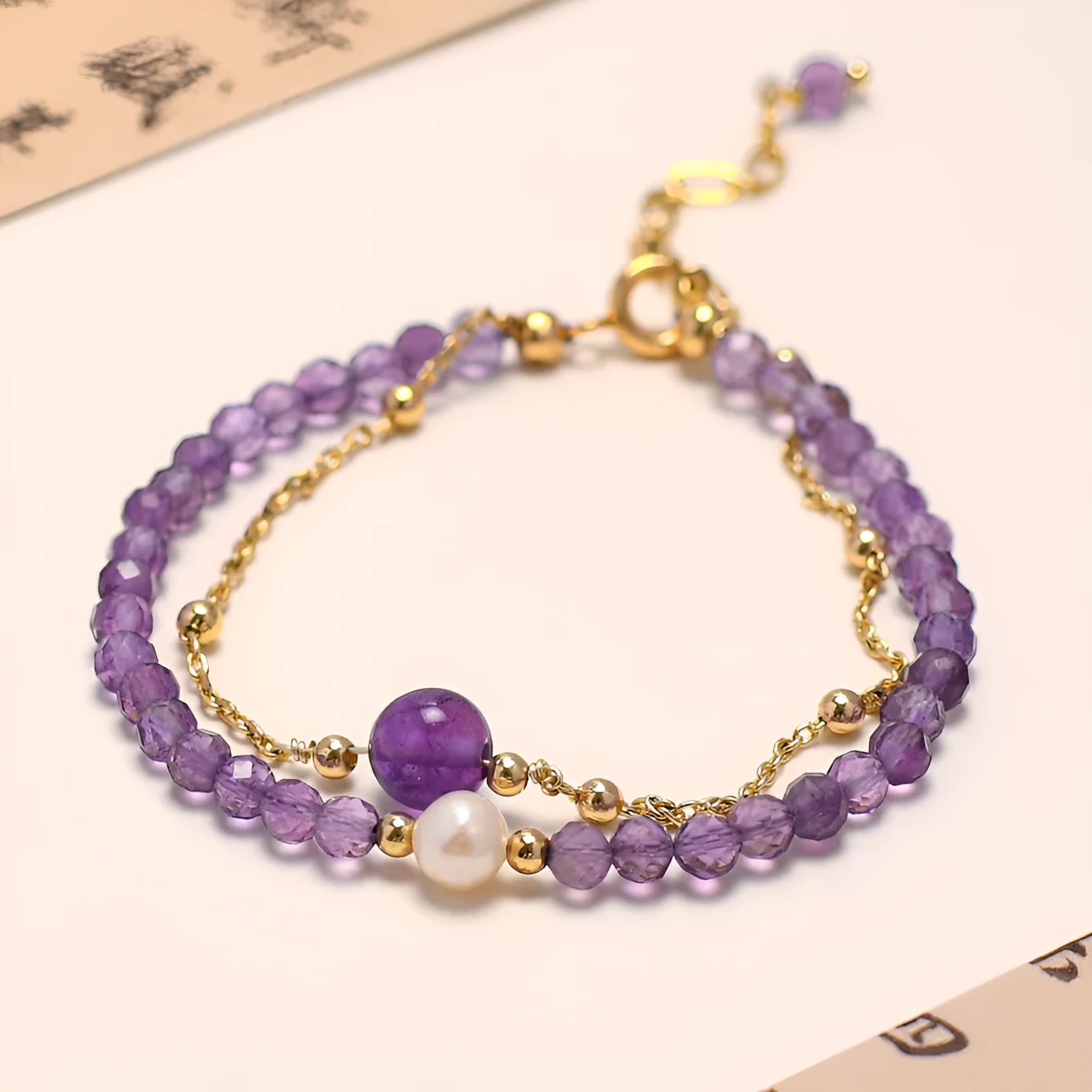 Purple amethyst Chinese style crystal bracelet with diamond shapes and adjustable closure