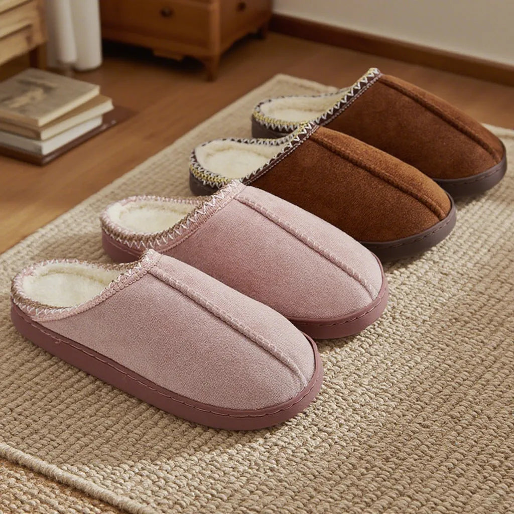 Pair of winter indoor slippers with thick 3cm PVC sole and warm artificial velboa lining, shown in black, coffee, gray and pink.
