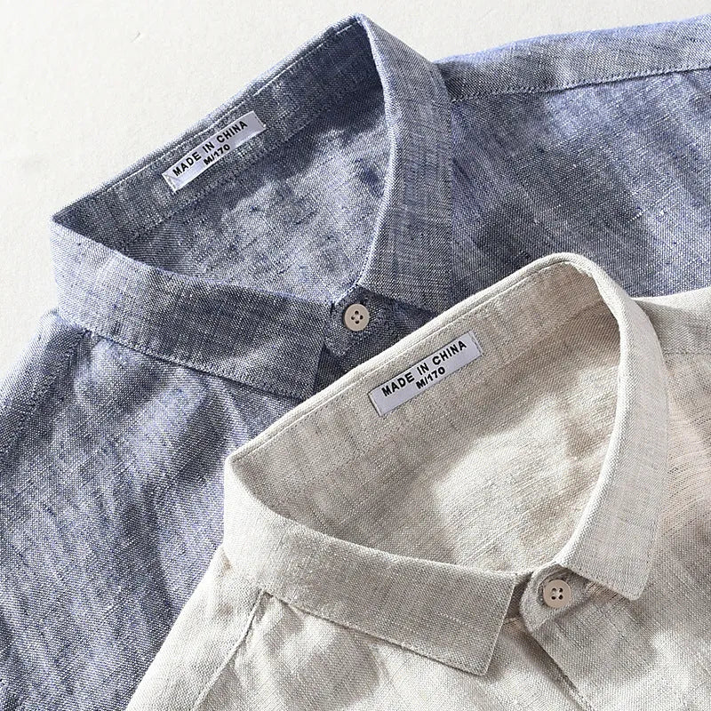 Men's linen short sleeve shirt with square collar in raw jute or grey colour options