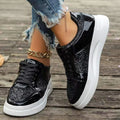 Women's fashion lace-up flat shoes with sequin design, round toe, thick bottom, in silver colour, on a plain background
