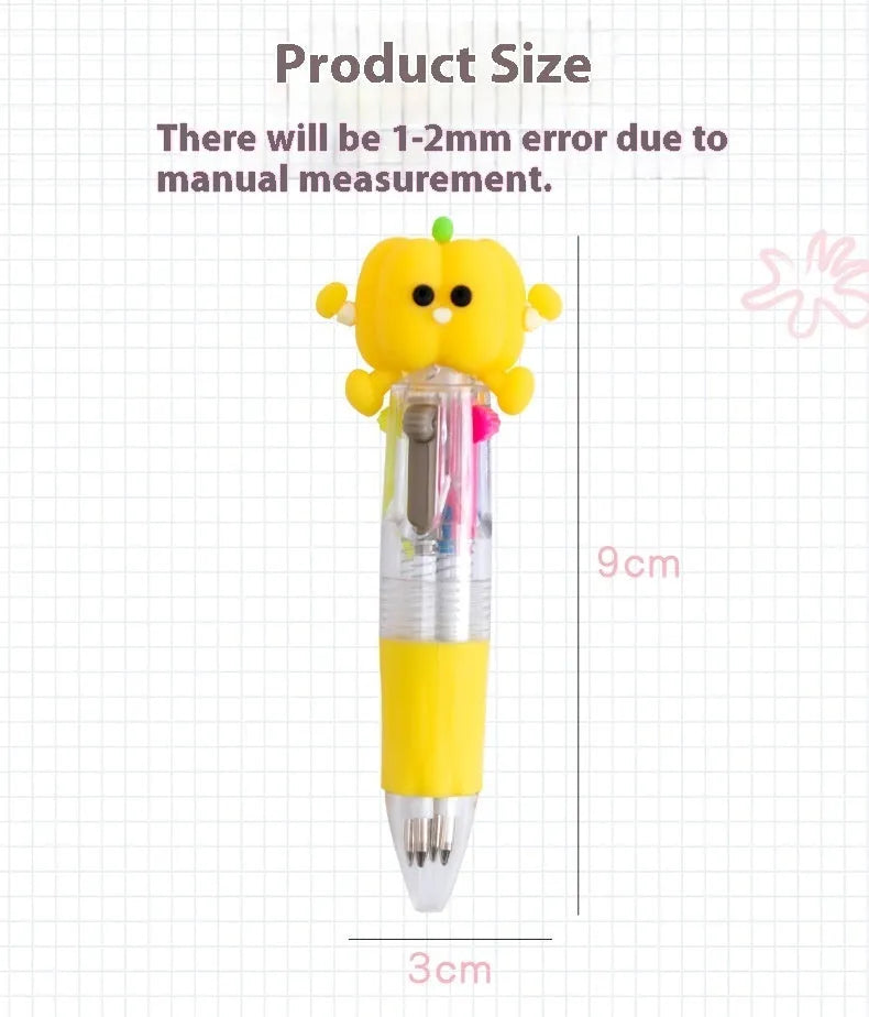 Cartoon press colour ballpoint pen with silicone grip showing four-colour mechanism and 0.7mm bullet tip