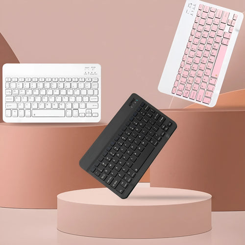 10-inch compact Bluetooth keyboard and wireless mouse in a solid colour on a desk.