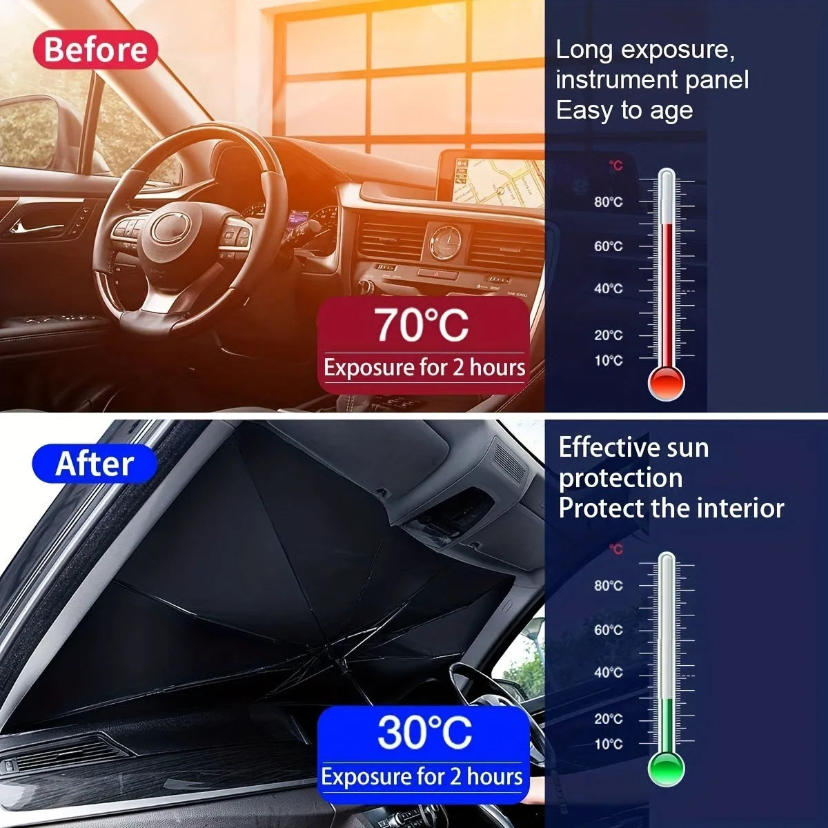 Foldable car windshield sunshade umbrella shown open and folded with automatic rebound button