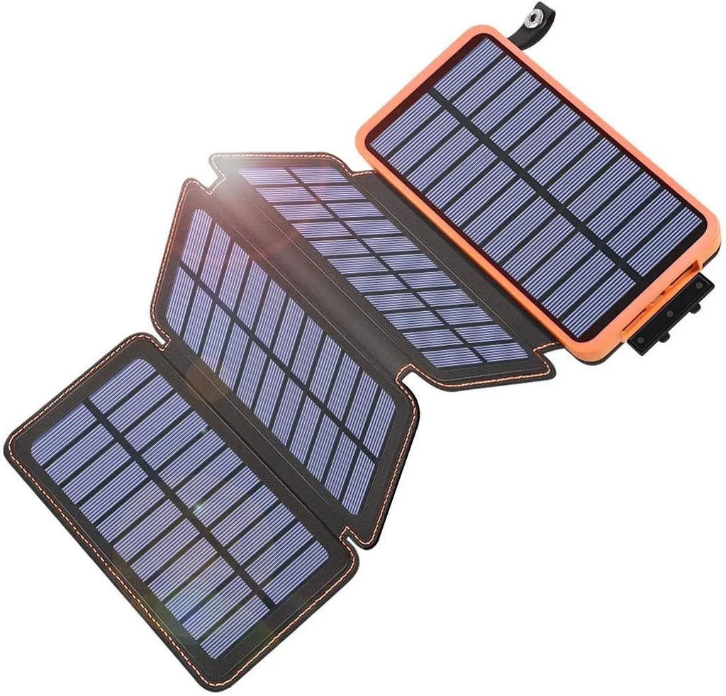 Outdoor solar power bank in multiple colours showing solar panel, USB ports, and LED light.