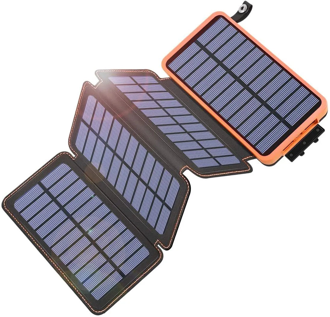 Solar power bank with solar panel showing black, blue, green and orange colour options