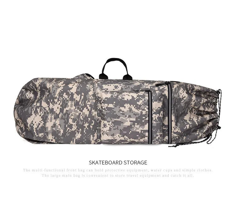 Lightweight waterproof nylon skate bag in camouflage colour with skateboard and fishing rod.