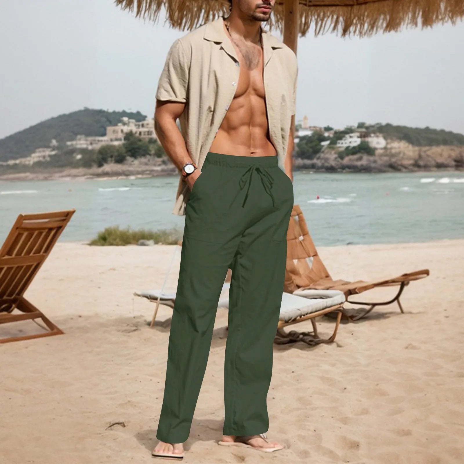 Men's straight-leg cotton linen trousers with drawstring elastic waist in light blue colour