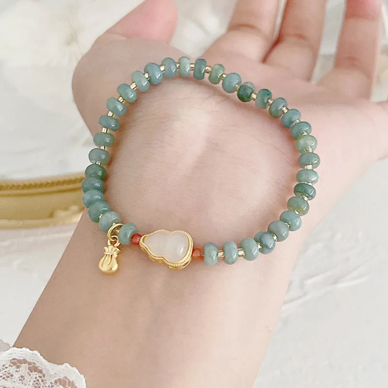 Natural blue water jade bracelet with gourd peace buckle charm in ethnic retro style