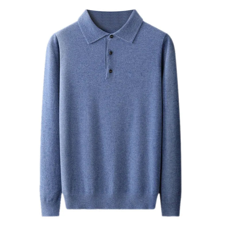 Man wearing a grey woolen polo collar sweater pullover with long sleeves.