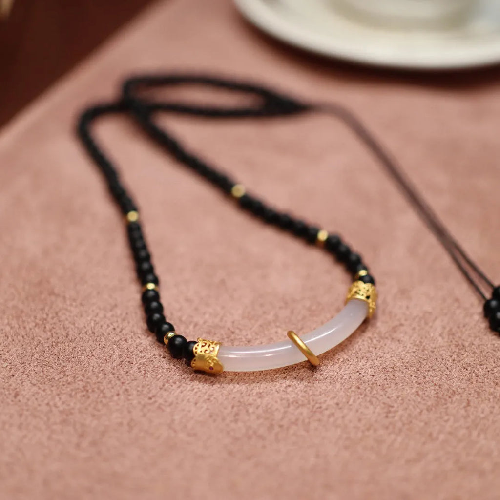 Natural frosted black agate and white chalcedony necklace with 925 silver Chinese-style pendant on ball bead chain