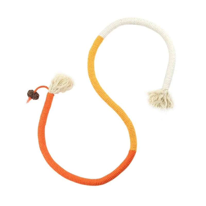 Cat bite rope toy made from cotton thread in orange quality grade with teaser stick design