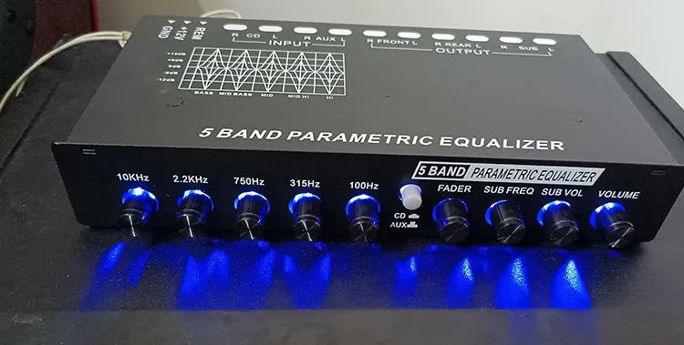 Black car audio EQ tuning frequency division amplifier with front panel controls