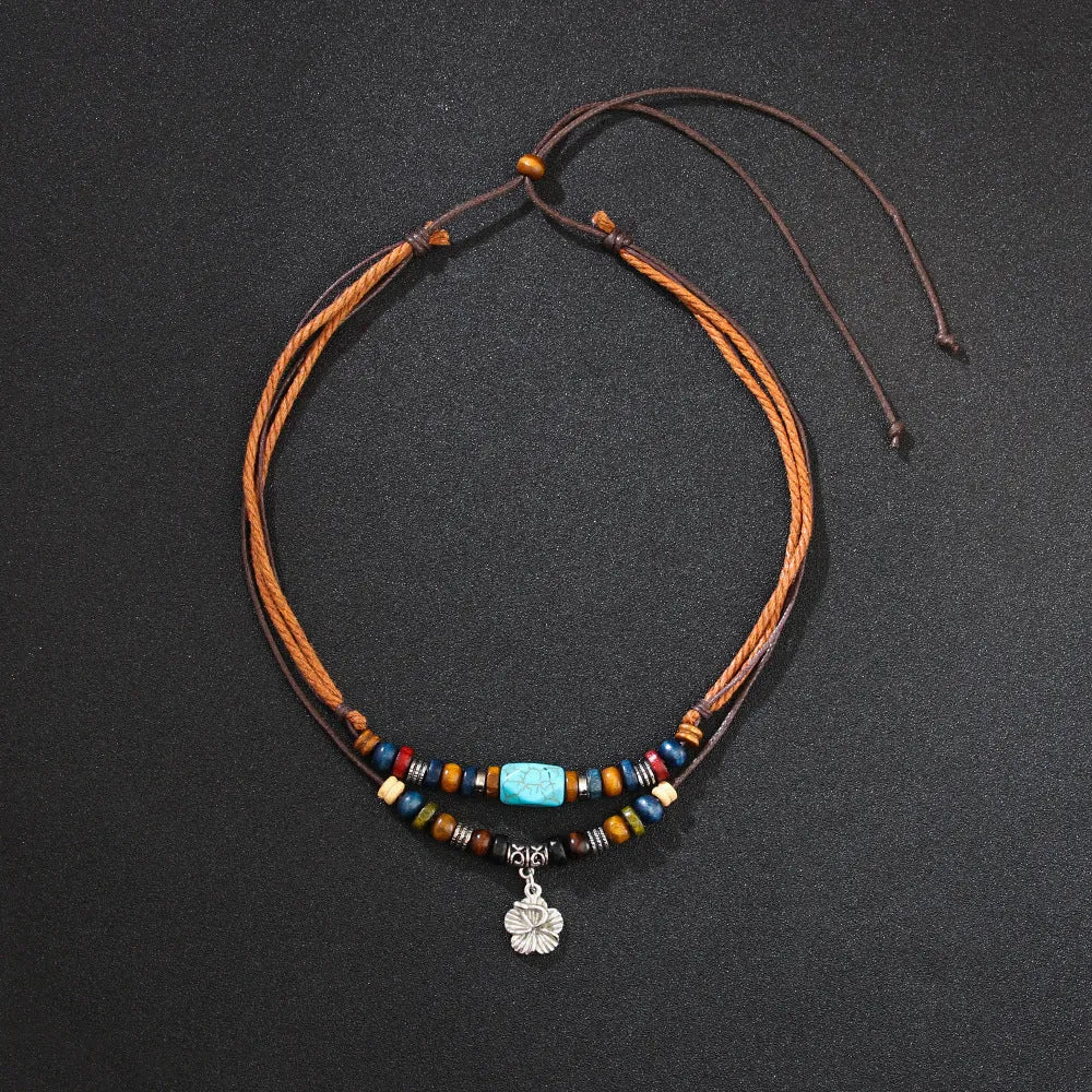 Turquoise wooden bead necklace for men with alloy geometric flower pendant on wax rope chain