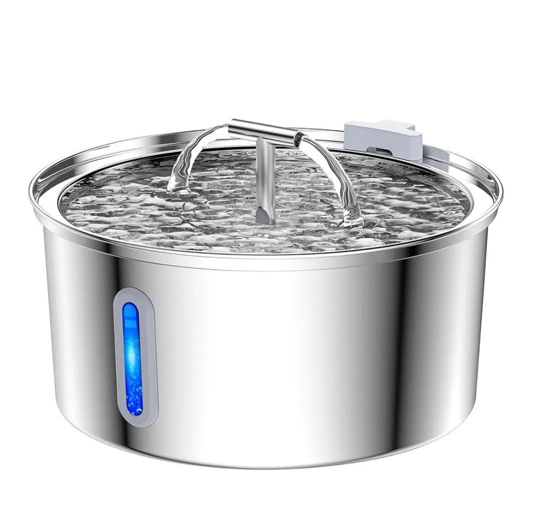 Stainless steel round pet water dispenser with large reservoir and selectable faucet attachment