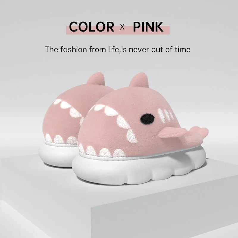 Shark slippers with suede upper embroidery design anti-skid sole winter house shoes grey