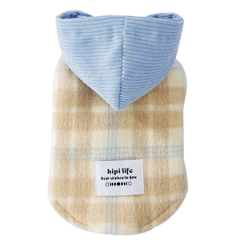 Blue corduroy dog hoodie with a chessboard grid pattern and hooded vest design