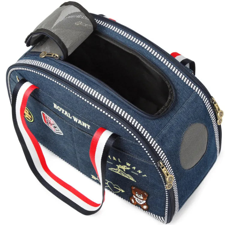 Blue Japanese cartoon style pet diaper bag in denim measuring 43cm by 20cm by 30cm