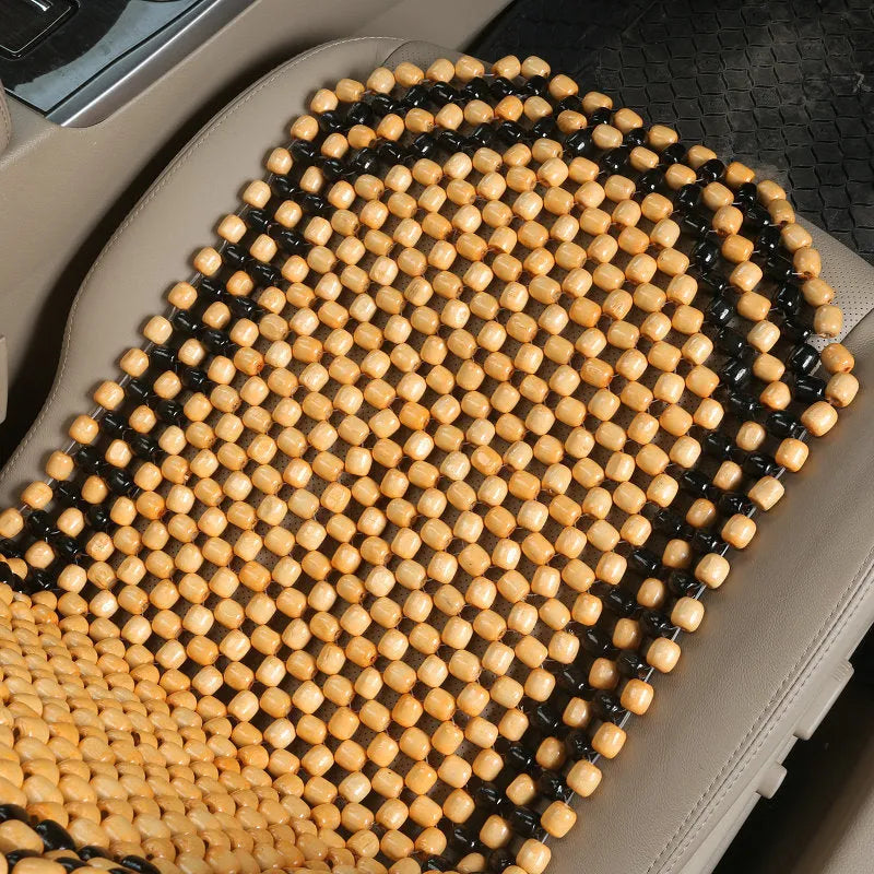 Beige and black universal ventilated car seat cushion for five-seat vehicles showing breathable mesh texture