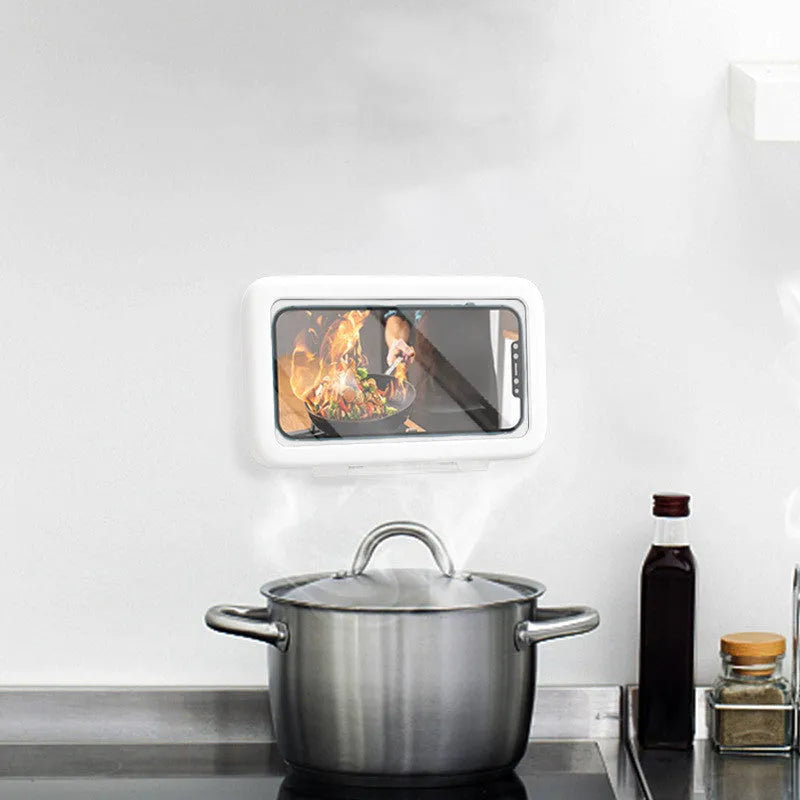 Waterproof phone holder with anti-fog window mounted on bathroom tile with mobile phone inside
