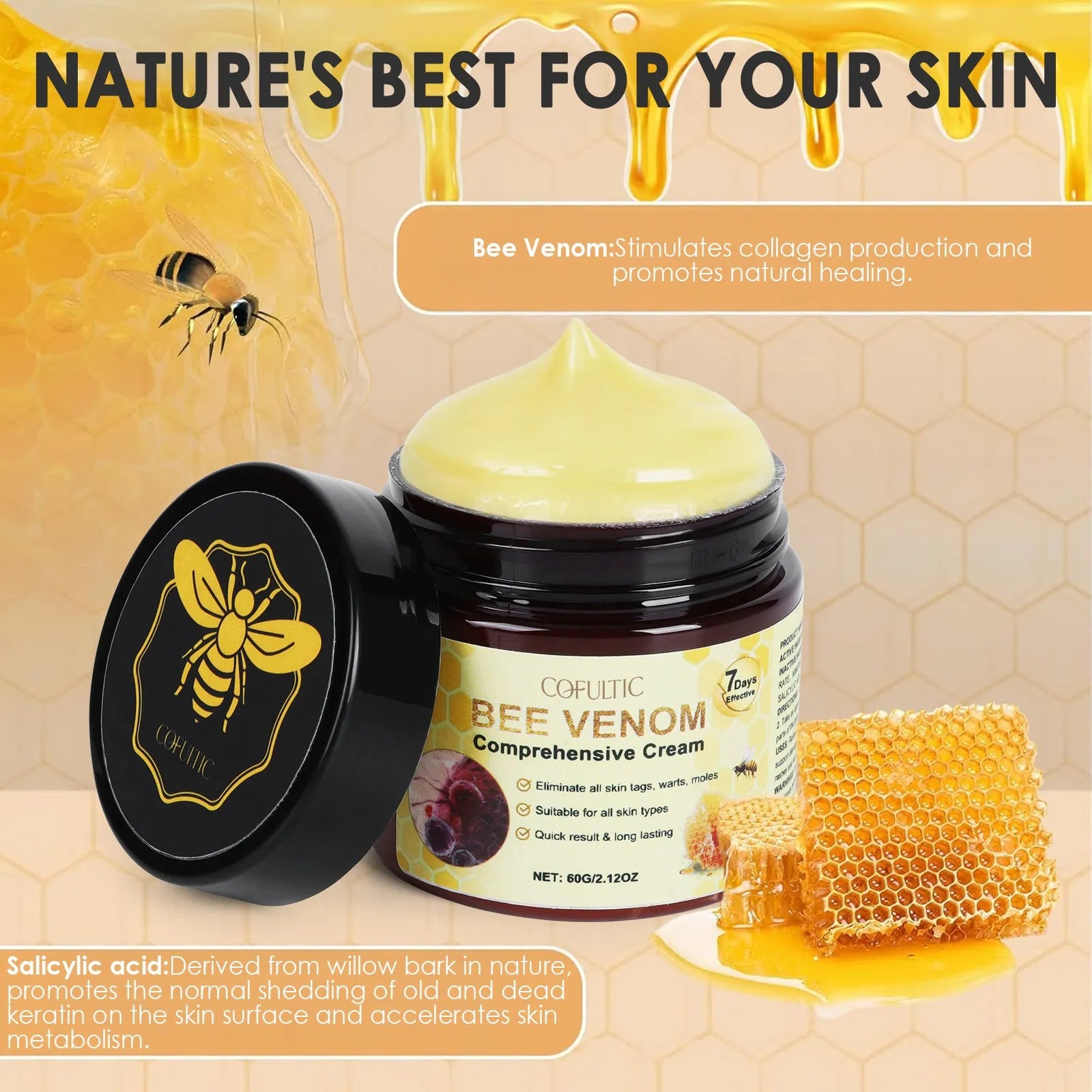 Cofutic 60g bee venom body cream in a small jar, gentle hydrating formula for daily use