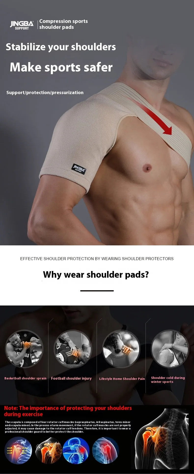 Adjustable one-shoulder sports protective strap in skin colour, shown on a model.