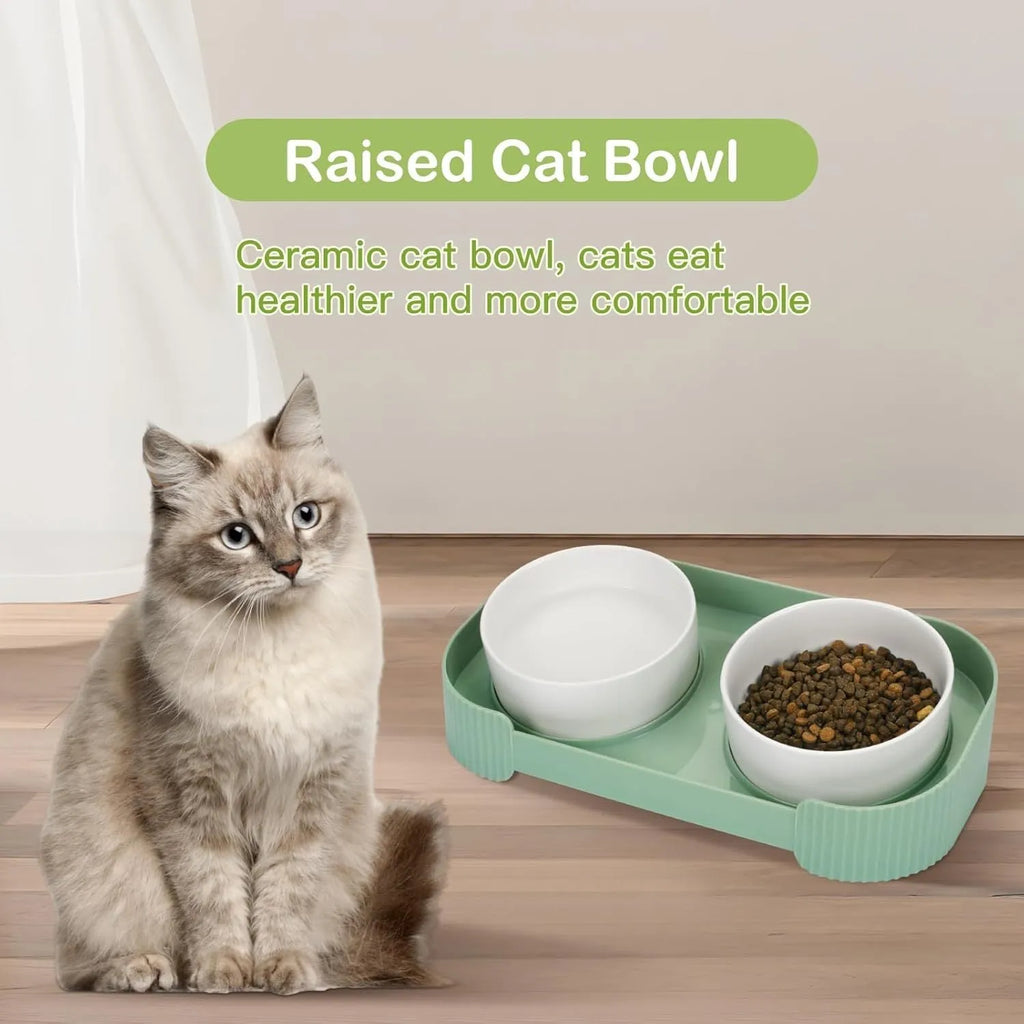 Green ceramic elevated cat bowl set with two tilted dishes on a non-slip stand.