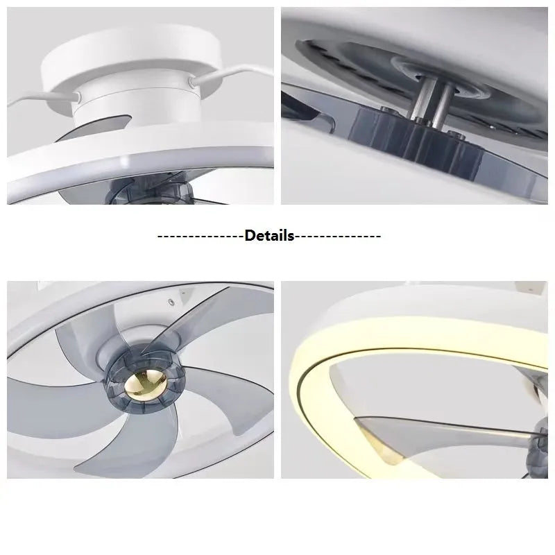 Modern white ceiling fan with integrated light and five blades, shown installed on a ceiling.