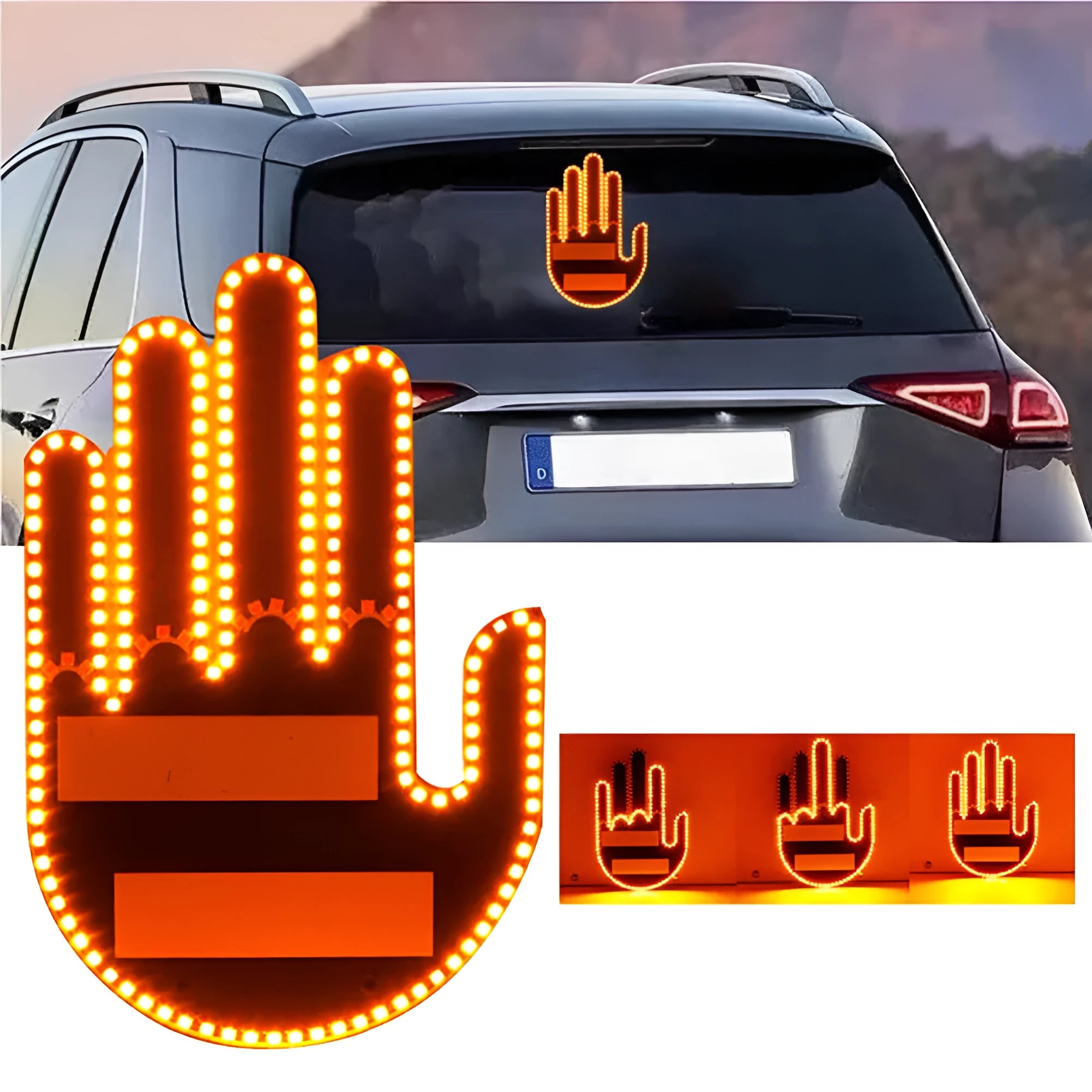 Black LED gesture car light with amber illumination showing hand gesture, remote control, and 3M Velcro mounting