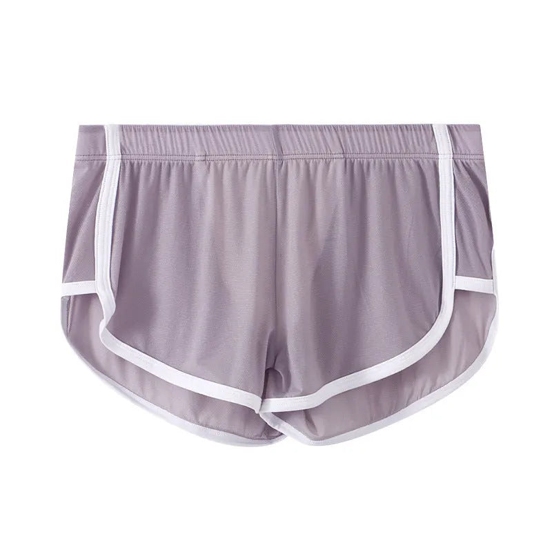 Men's ice silk mesh boxer shorts in a low waist design, shown in various colours including black, white, and army green.