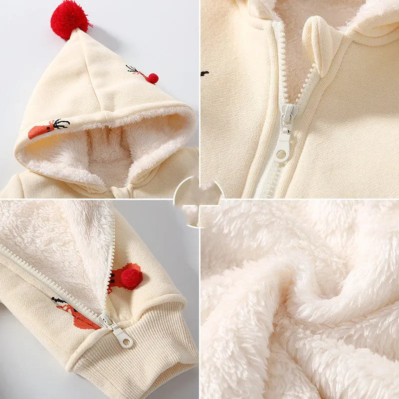 Khaki baby crawling suit with Christmas moose pattern, padded cotton construction, long sleeves