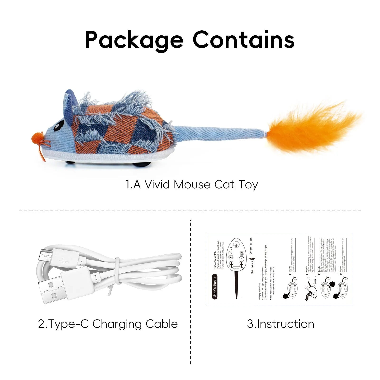 Blue electronic moving mouse cat toy with feather tail on a floor, showing scale.