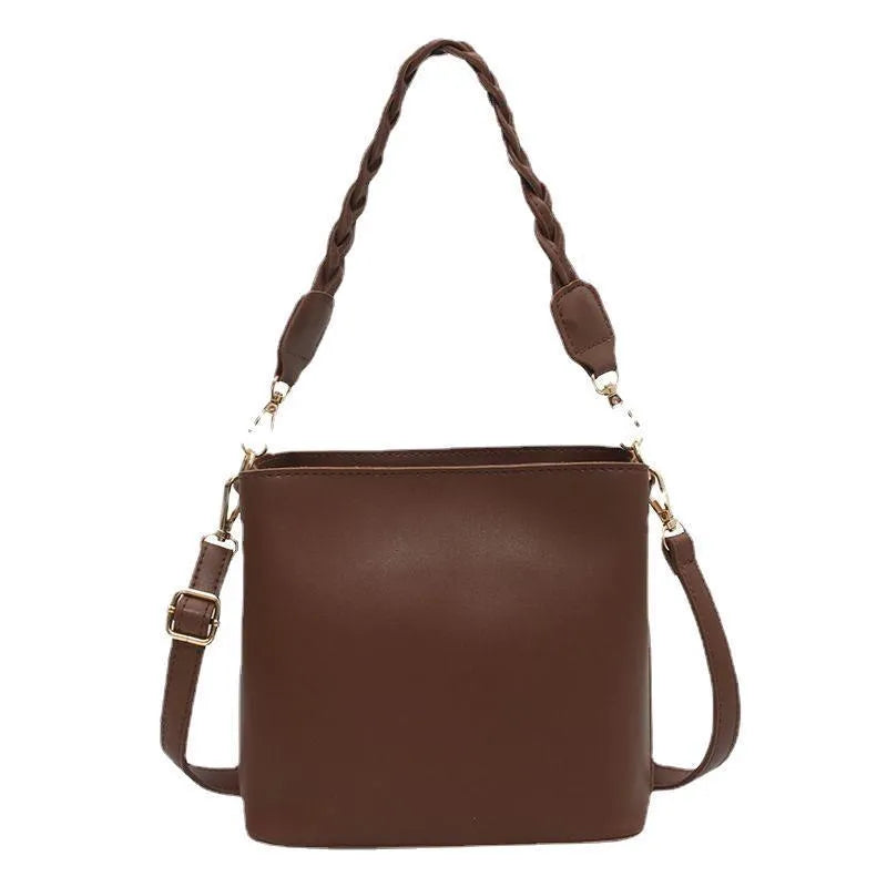 Retro woven PU leather one-shoulder crossbody underarm bucket bag in khaki colour.