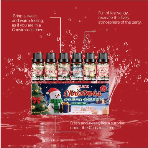 Christmas aromatherapy oil set showing six 60ml bottles for home fragrance