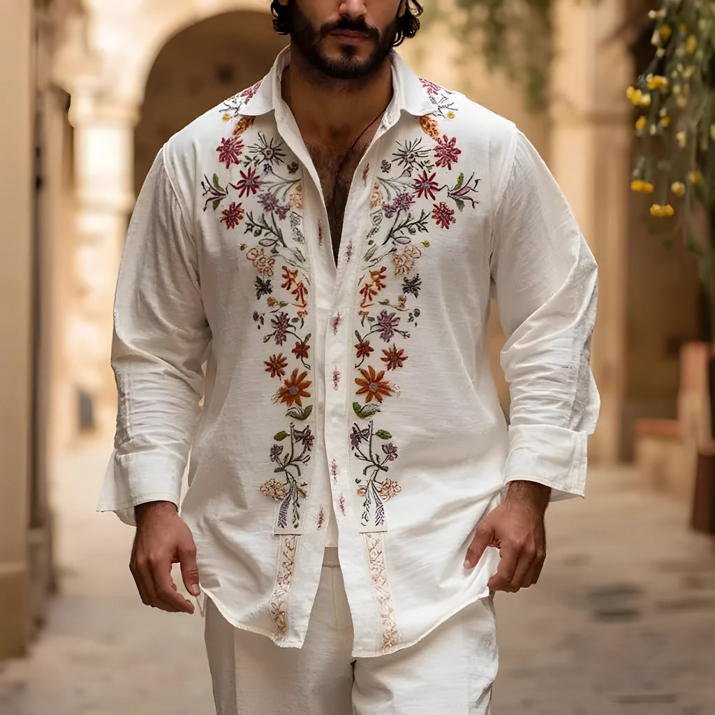 Men's retro style bamboo linen cardigan with 3D printed design and long sleeves