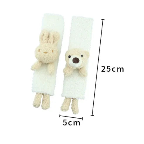 Cartoon rabbit and bear designs on a soft lamb wool car seatbelt shoulder protector.
