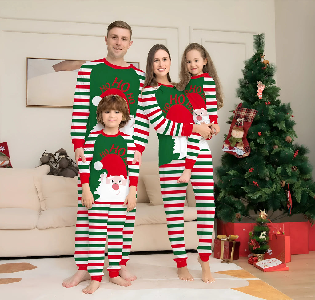 Family Christmas pyjama set in red stripe pattern with cotton long sleeves, available in sizes from baby to adult and dog