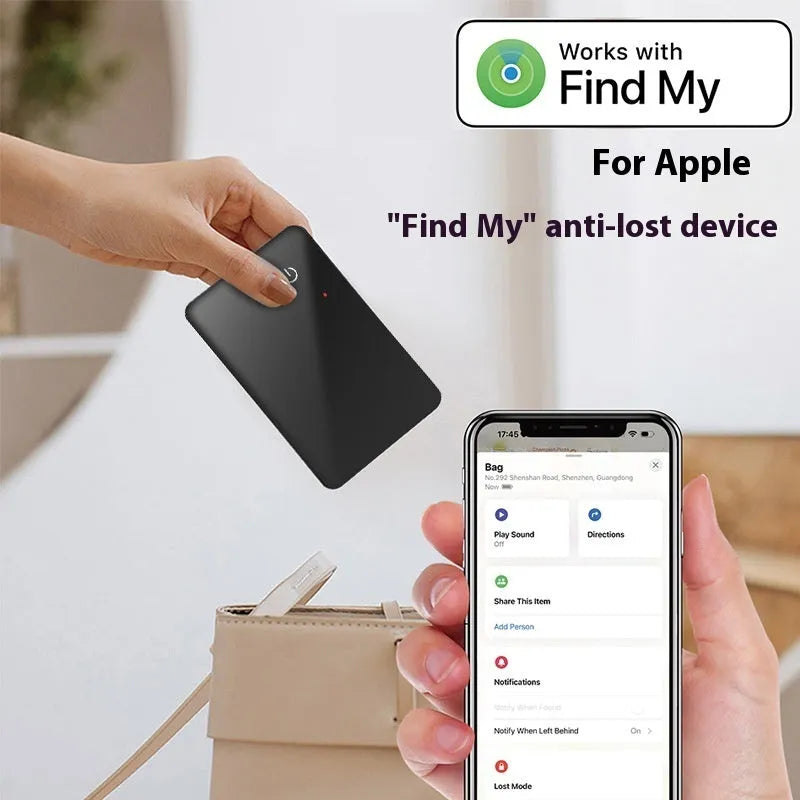 Black card-shaped pet tracker with wireless charging and NFC, showing hanging hole.