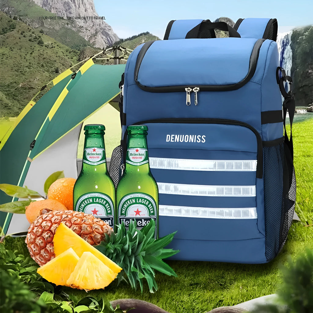 Insulated 20L beer backpack with shoulder-mounted bottle opener in black, blue, pink, or red