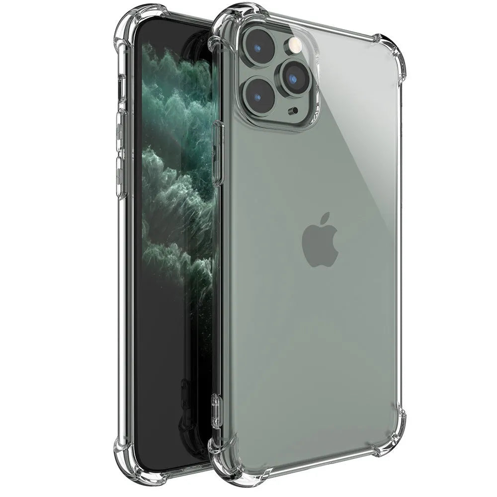 Clear shockproof TPU phone case for various iPhone models on a table.