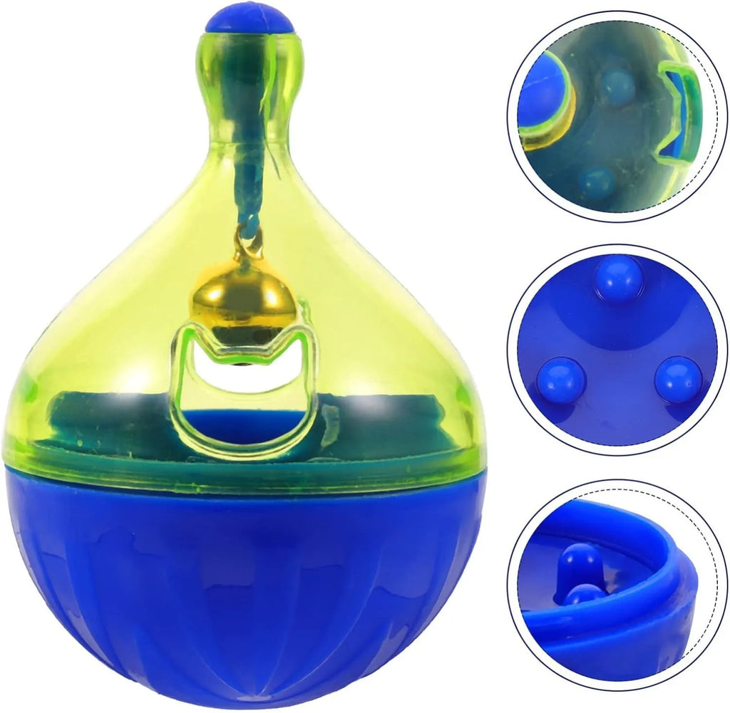 Blue and white tumbler-shaped pet toy for dispensing dog or cat treats during play.