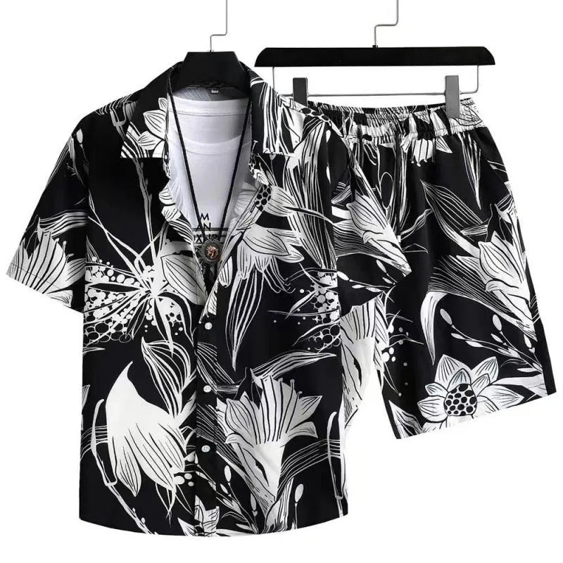 Men's digital print short sleeve shirt and matching shorts in elastic polyester fabric