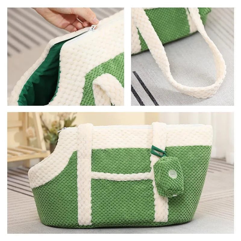 Shoulder cat bag with cartoon vertical stripes in green, red, and yellow colours for small pet transport