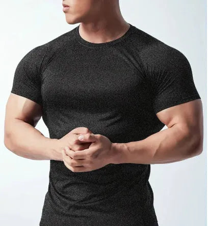 A stretch quick-dry running t-shirt in polyester, shown in black, on a mannequin.