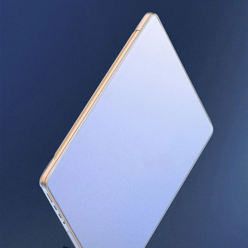 Ultra-thin frosted MacBook protective case showing four-corner coverage and keyboard film