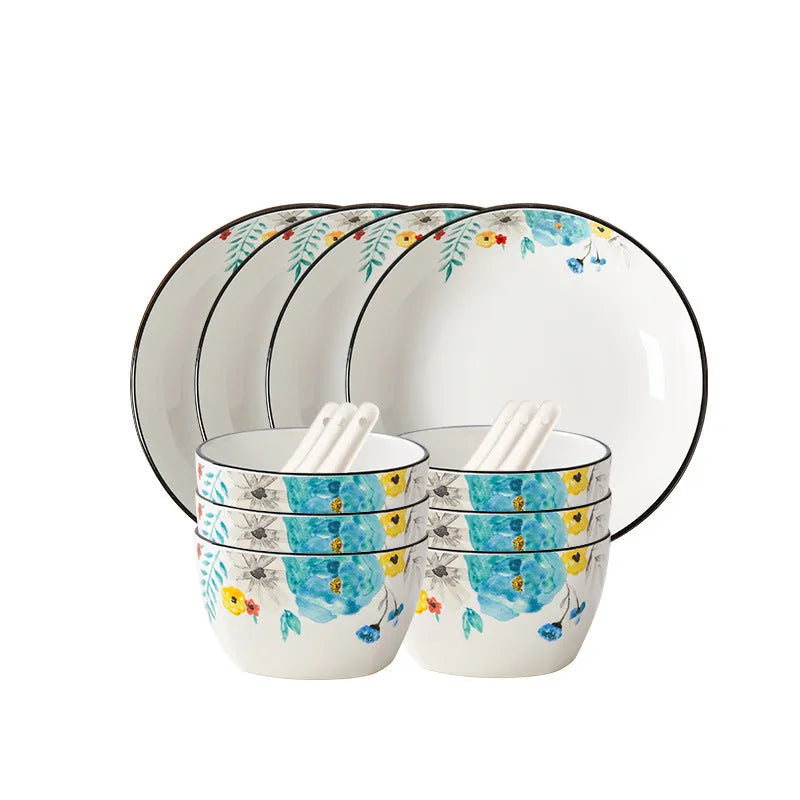 Flower In Ink 22-piece bone china style porcelain dinner set with floral pattern bowls spoons and plates