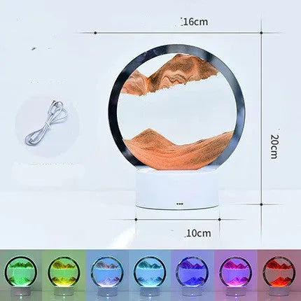 Creative 3D quicksand table lamp with glass shade and USB power cord on a nightstand.